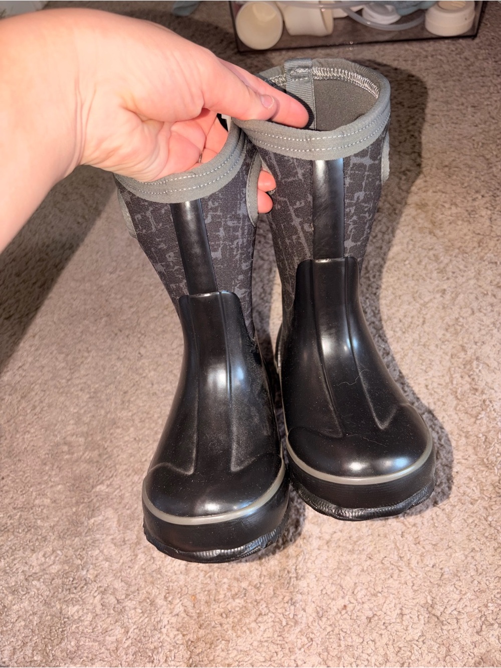 Bogs Black and Gray Patterned Kids Rain Boots